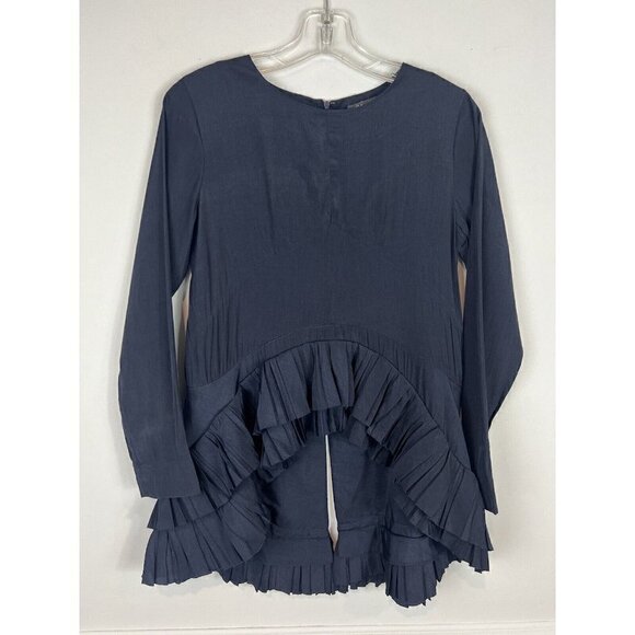 Gracia Tops - Gracia Women's Ruffled Pleated Long Sleeve Blouse High Low Small Blue Boho Artsy